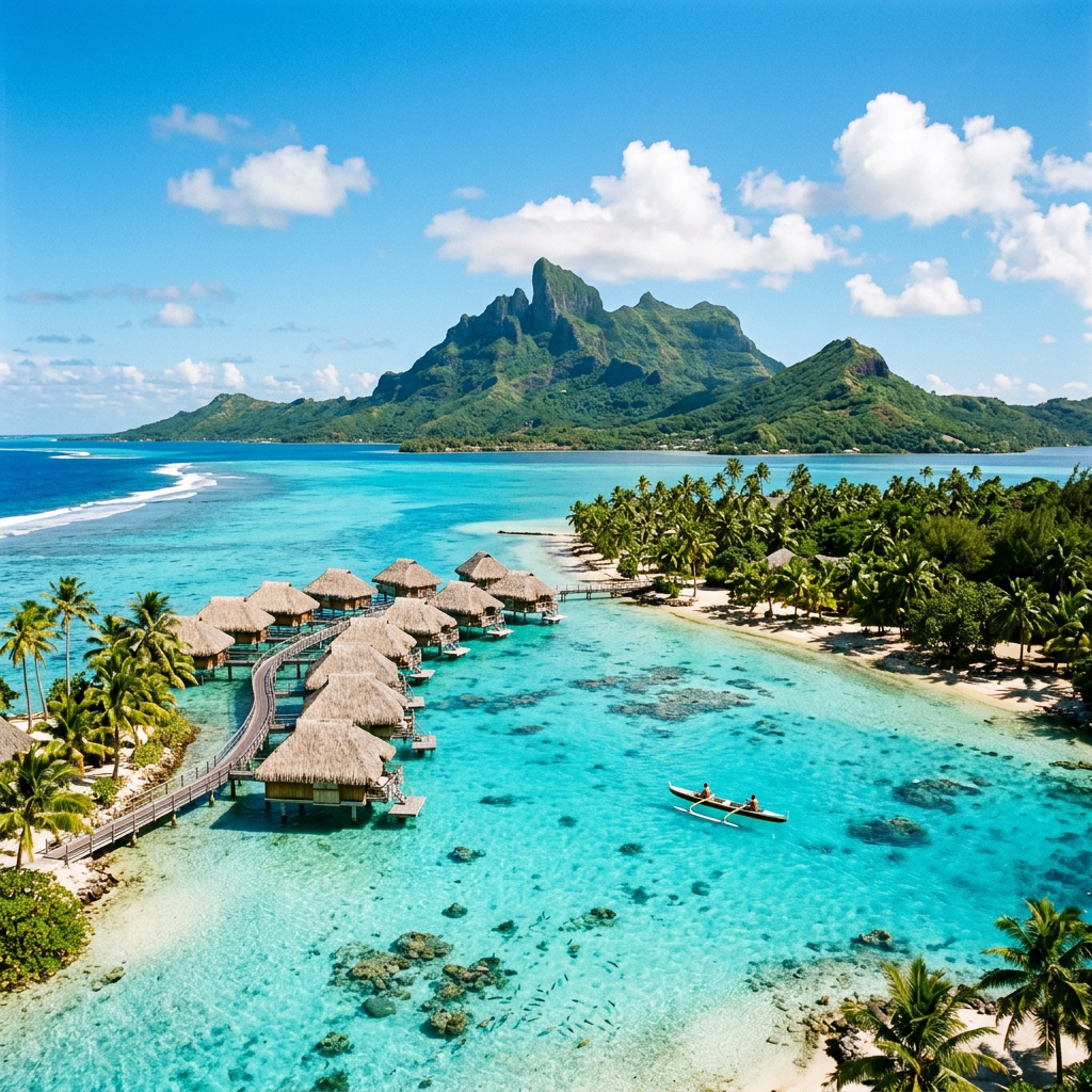 Thatched overwater bungalows along clear blue lagoon with green mountain in the background